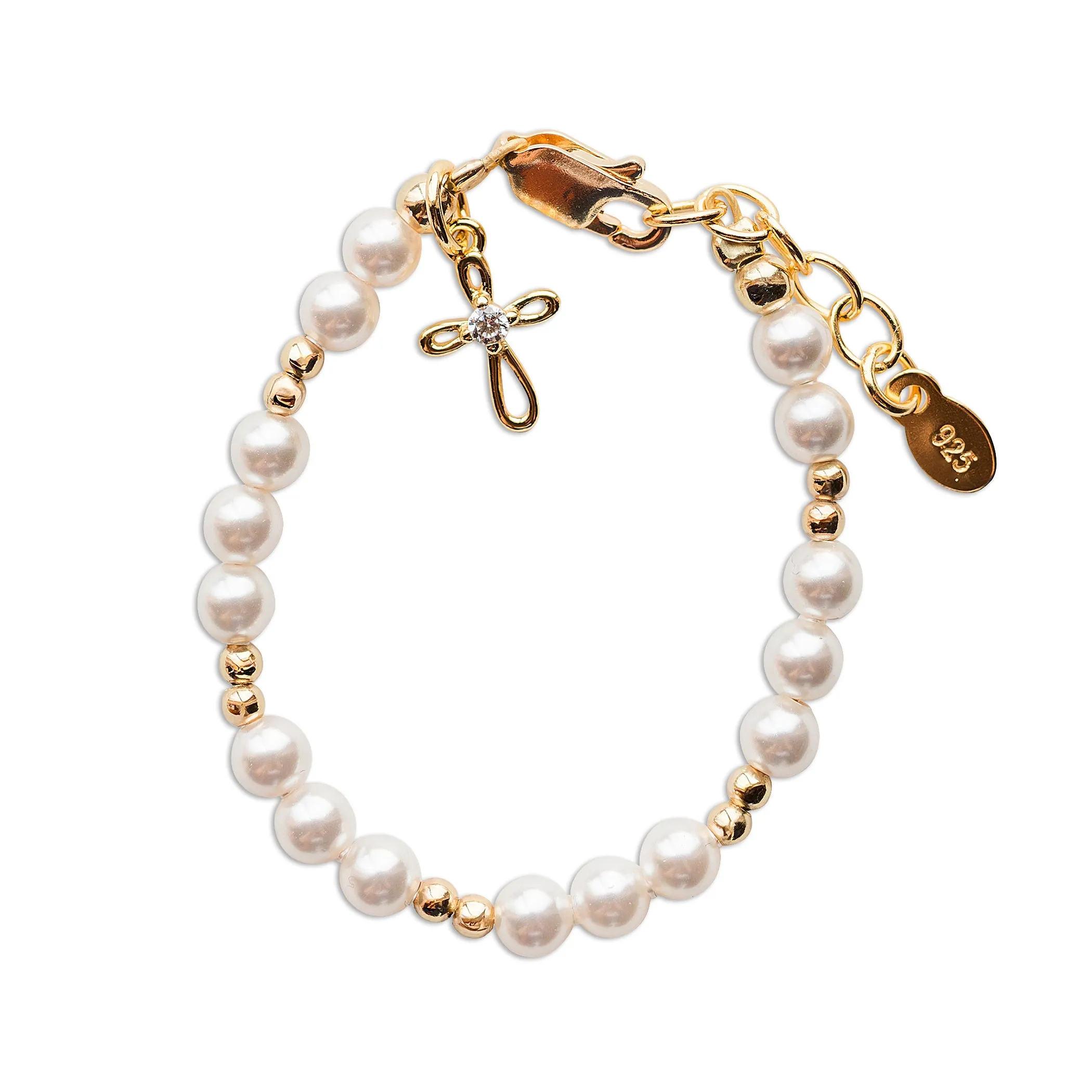 14K Gold Plated Pearl Baptism Cross Bracelet for Infant Newborn Baby Girl Gift