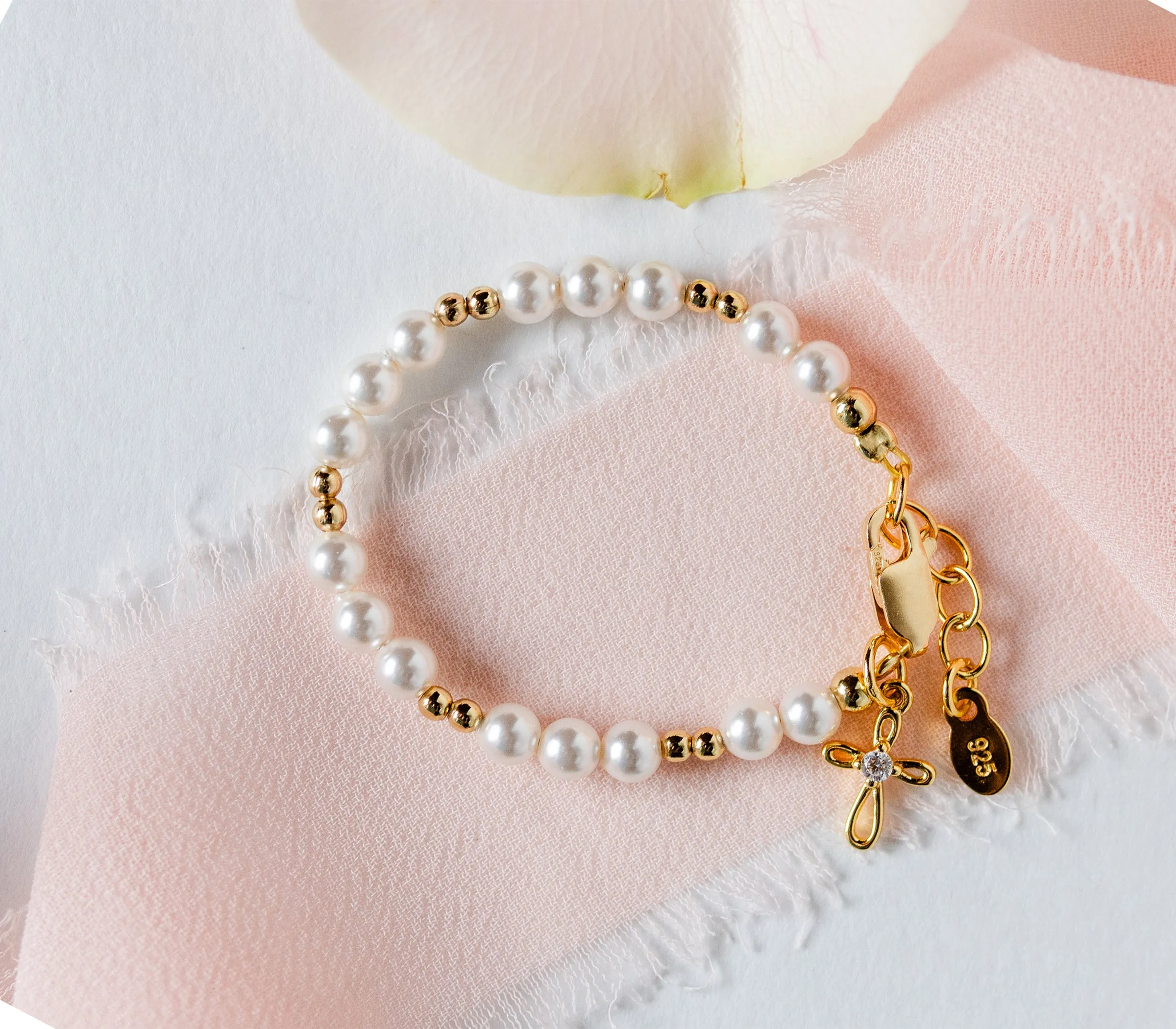 14K Gold Plated Pearl Baptism Cross Bracelet for Infant Newborn Baby Girl Gift