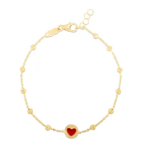 14K Gold Red Heart and Bead Bracelet