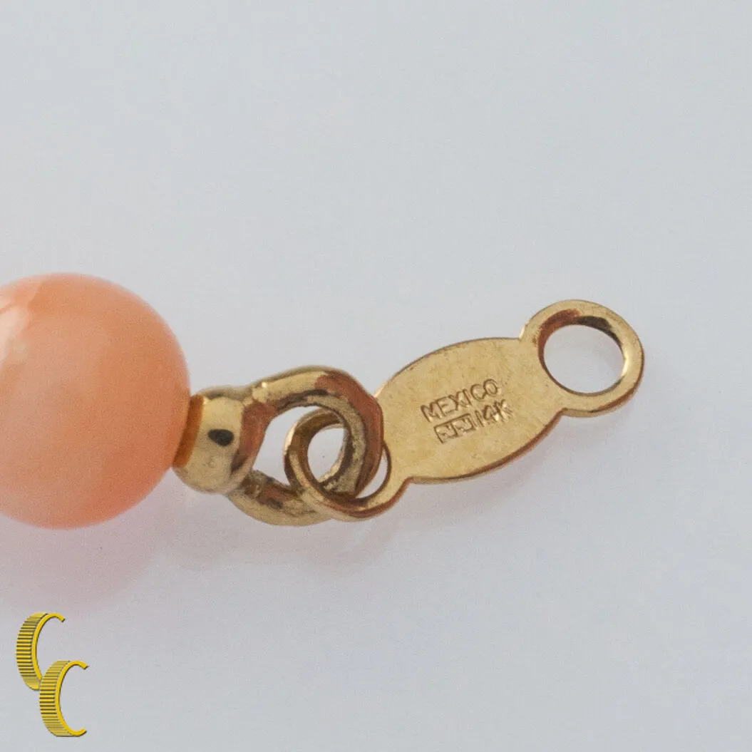 14k Yellow Gold Bead and Round Coral Bead Bracelet w/ Lobster Clasp 6.75" Long