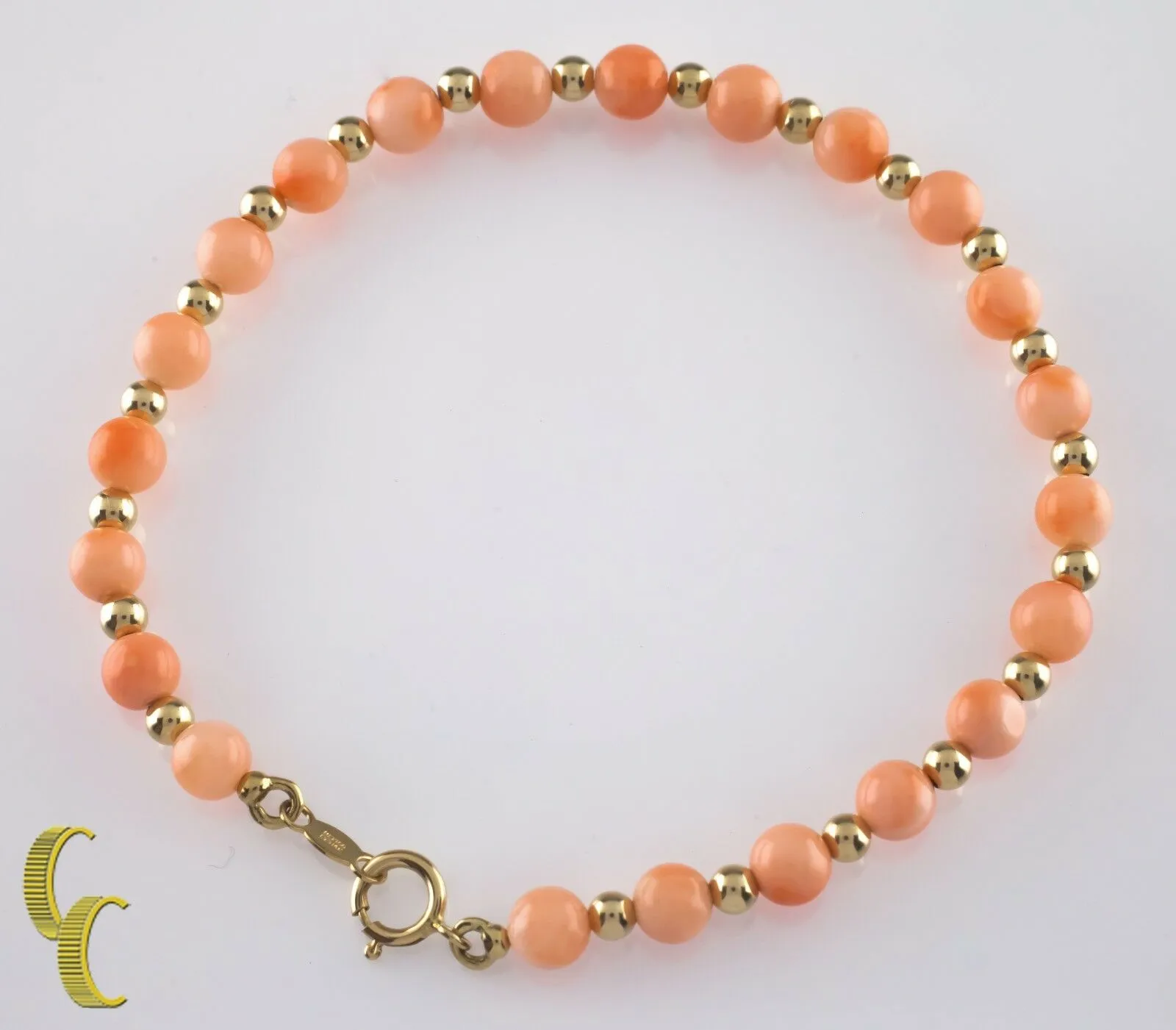 14k Yellow Gold Bead and Round Coral Bead Bracelet w/ Lobster Clasp 6.75" Long