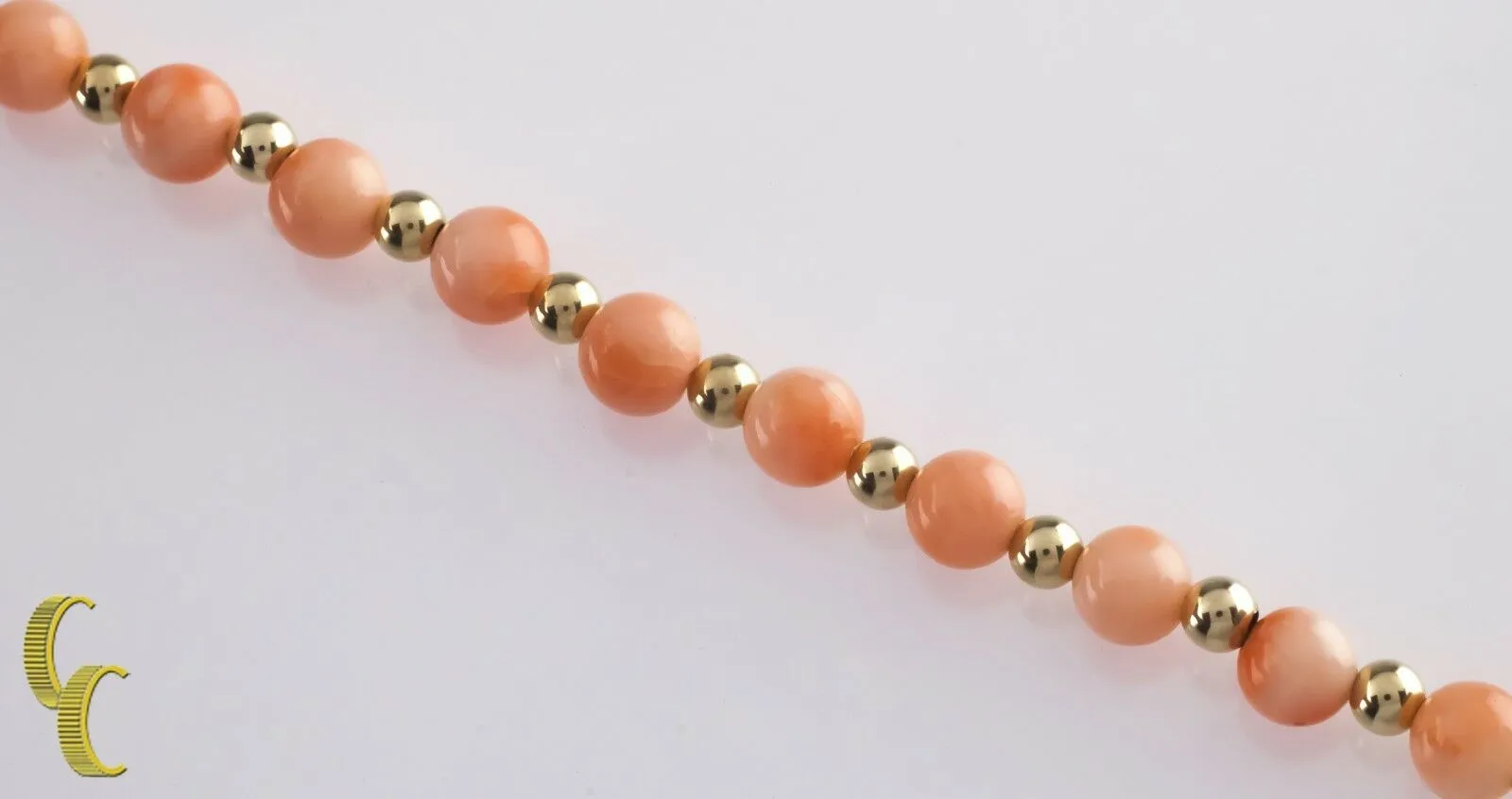 14k Yellow Gold Bead and Round Coral Bead Bracelet w/ Lobster Clasp 6.75" Long