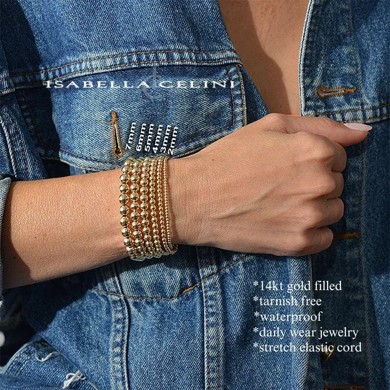 14kt Gold Filled Beaded Stretch Bracelet with Bamboo Bar Pendant - Stackable Bracelet for Woman - Tarnish Free Waterproof Jewelry