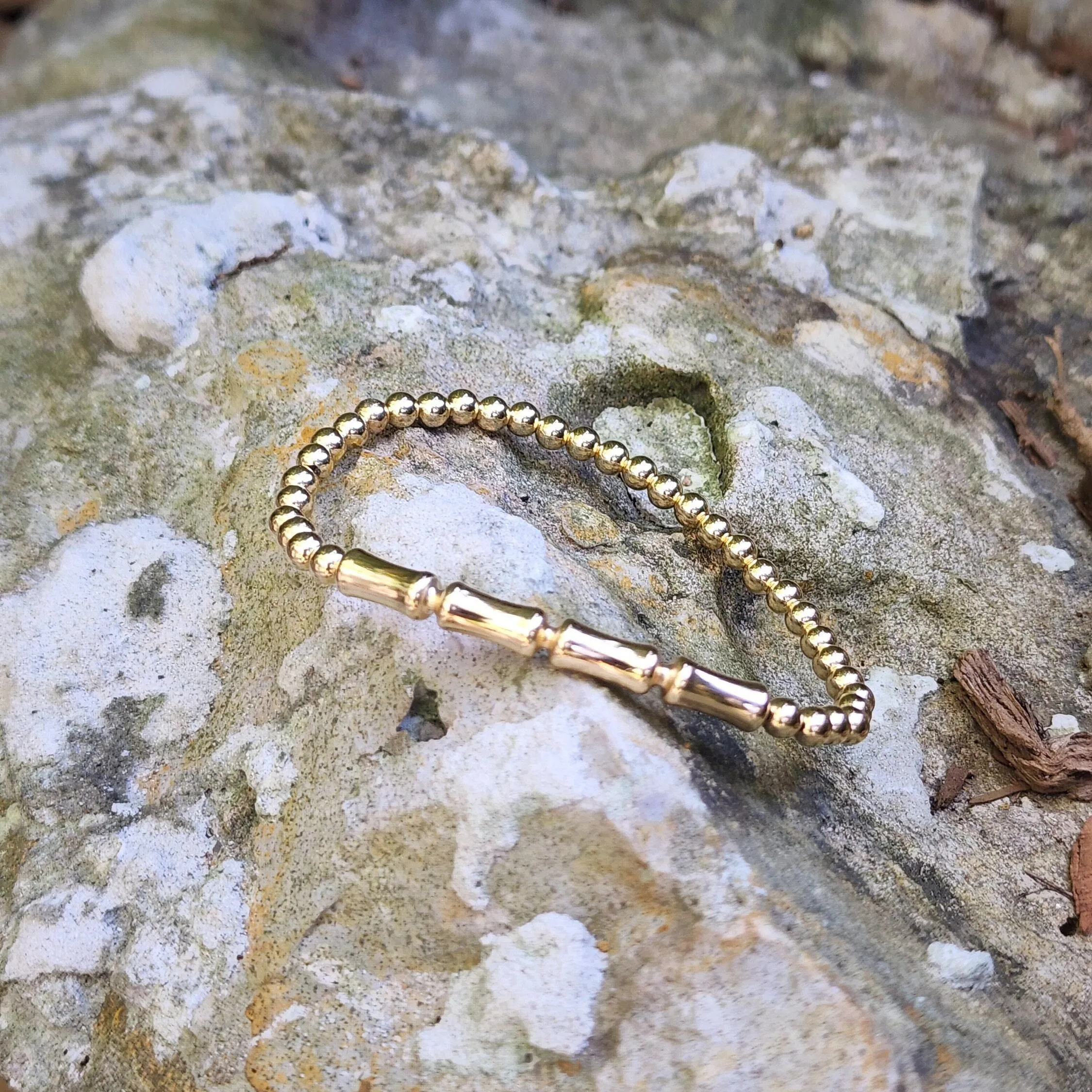 14kt Gold Filled Beaded Stretch Bracelet with Bamboo Bar Pendant - Stackable Bracelet for Woman - Tarnish Free Waterproof Jewelry