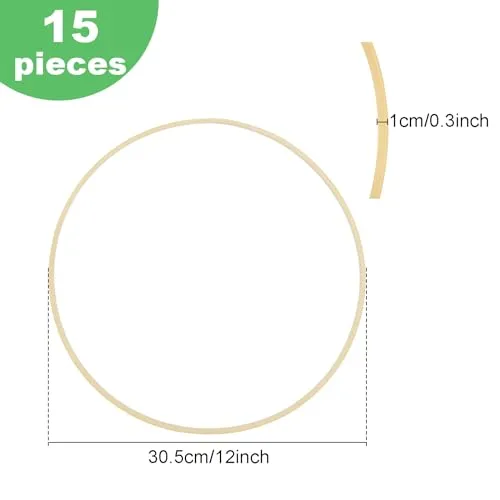 15PCS 12 Inch Wooden Floral Hoops for Crafts - Bamboo Craft Hoops Wood - Wooden Circle Hoops for Crafts DIY Dreamcatchers