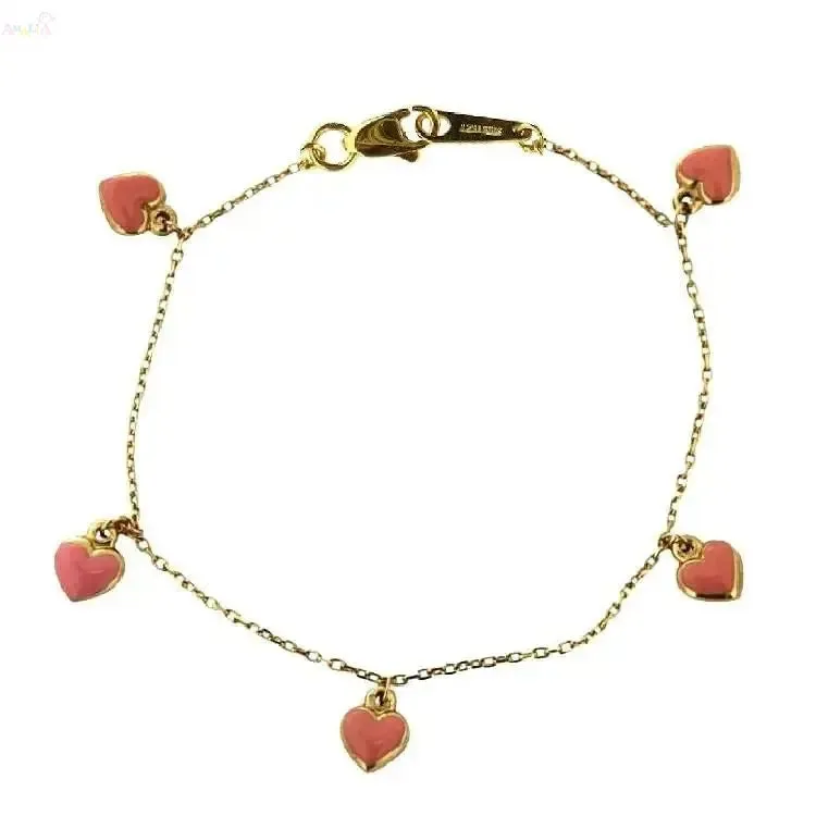 18K Yellow Gold Pink Enamel Dangling Hearts Charm Bracelet