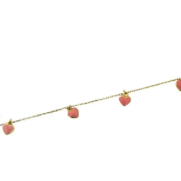 18K Yellow Gold Pink Enamel Dangling Hearts Charm Bracelet