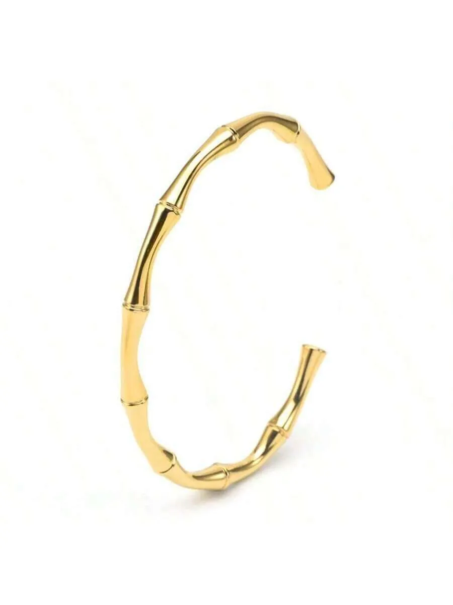1pc Unisex Stainless Steel Open Oval Shaped Bamboo Joint Bangle With 18k Gold Plating