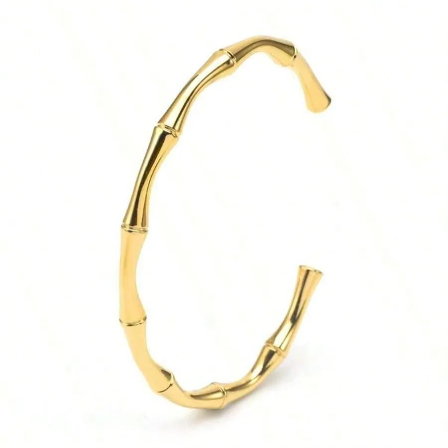 1pc Unisex Stainless Steel Open Oval Shaped Bamboo Joint Bangle With 18k Gold Plating