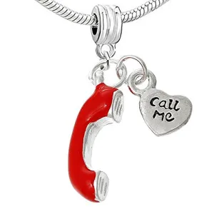 3D Enamel Red Telephone Call Me European European Bead Compatible for Most European Snake Chain Charm Bracelet