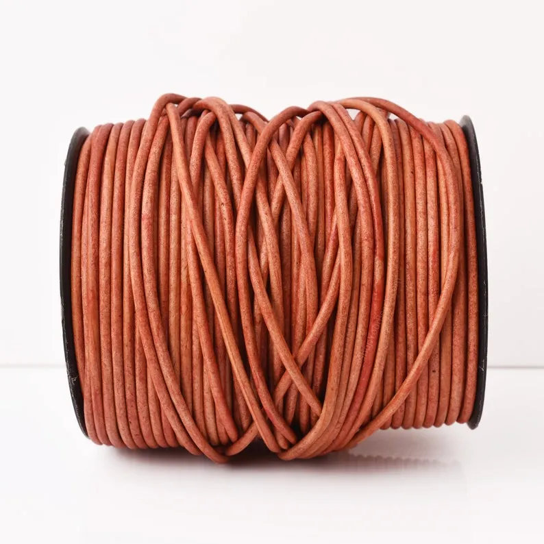 3mm Leather Cord - Natural Red - Round - Matt Finish - Indian Leather - Wrap Bracelet Making Findings - Antique Color Natural Dye