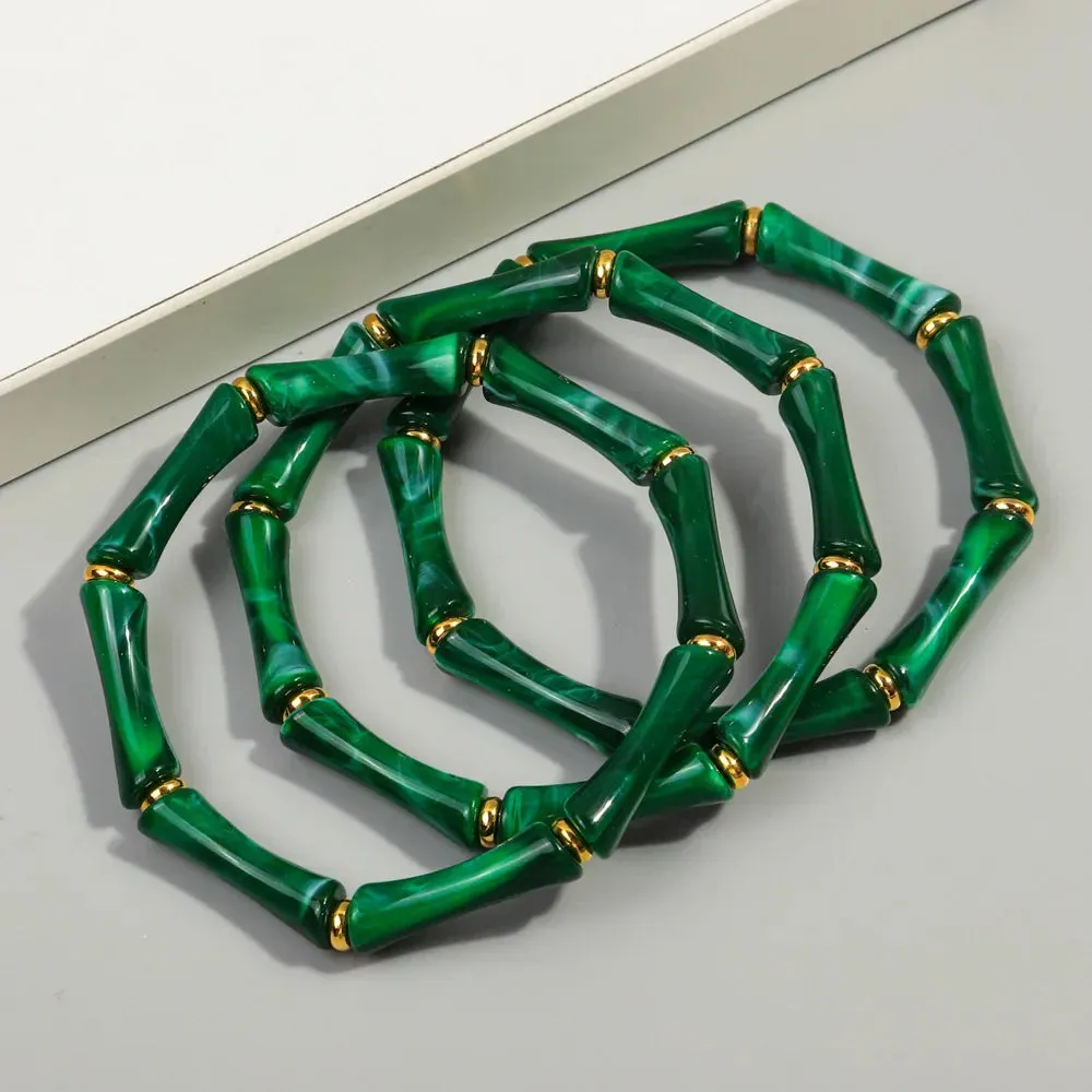 3pcs New Bohemian Gold Color Bamboo Acrylic Bracelets Set for Women Resin Thin Tube Bead Stretchy Bracelets Bangles 2024 Jewelry