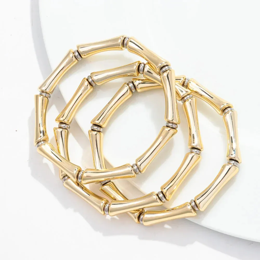 3pcs New Bohemian Gold Color Bamboo Acrylic Bracelets Set for Women Resin Thin Tube Bead Stretchy Bracelets Bangles 2024 Jewelry