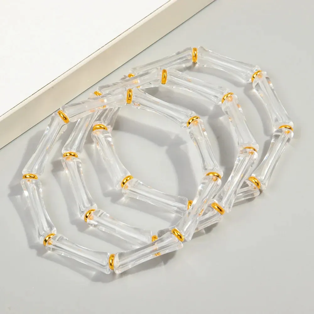 3pcs New Bohemian Gold Color Bamboo Acrylic Bracelets Set for Women Resin Thin Tube Bead Stretchy Bracelets Bangles 2024 Jewelry