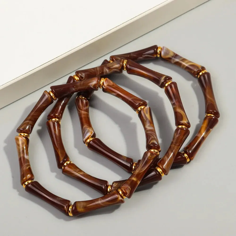 3pcs New Bohemian Gold Color Bamboo Acrylic Bracelets Set for Women Resin Thin Tube Bead Stretchy Bracelets Bangles 2024 Jewelry