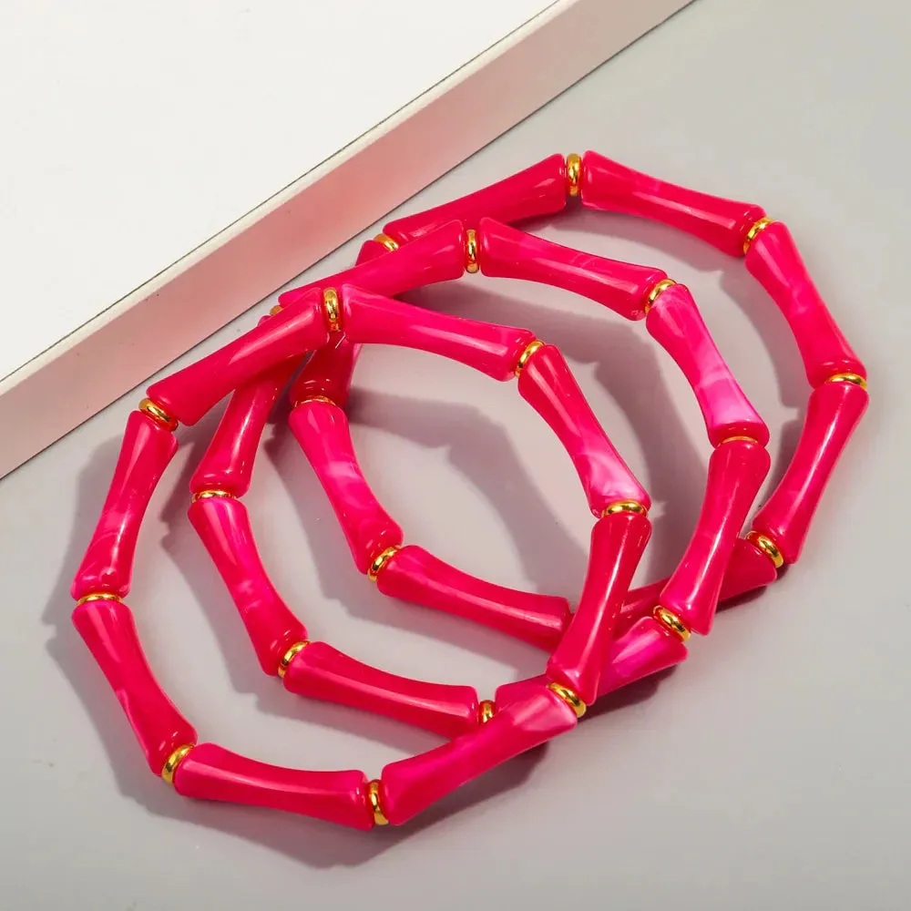 3pcs New Bohemian Gold Color Bamboo Acrylic Bracelets Set for Women Resin Thin Tube Bead Stretchy Bracelets Bangles 2024 Jewelry