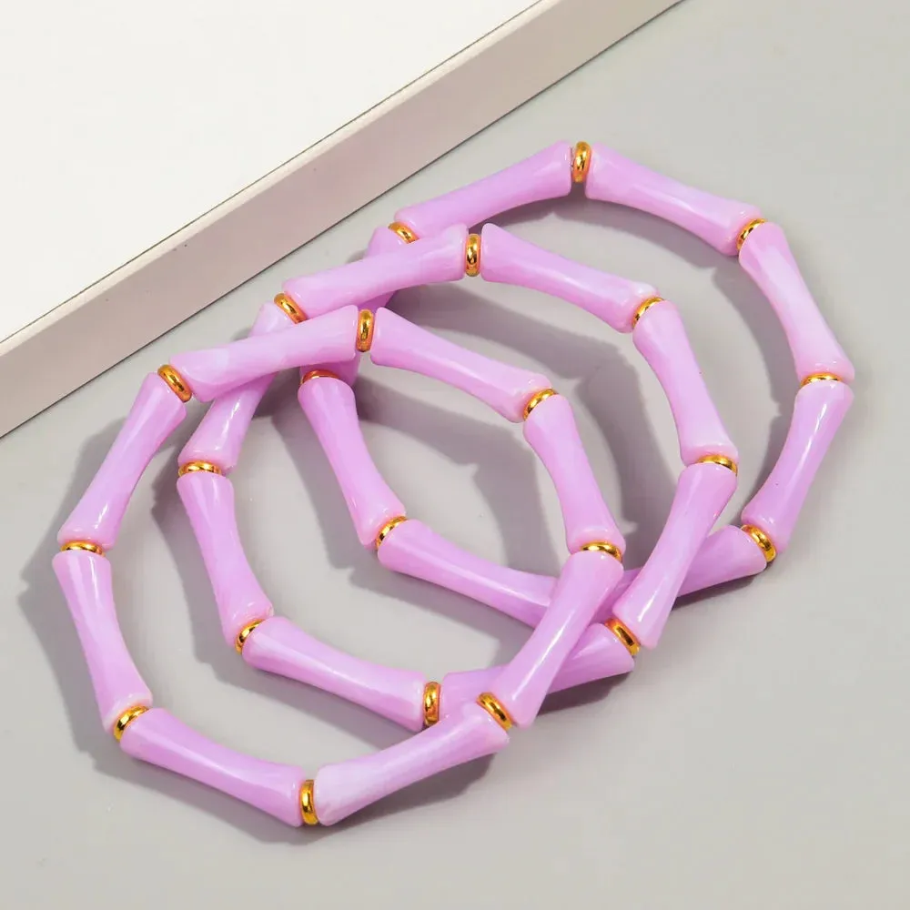 3pcs New Bohemian Gold Color Bamboo Acrylic Bracelets Set for Women Resin Thin Tube Bead Stretchy Bracelets Bangles 2024 Jewelry