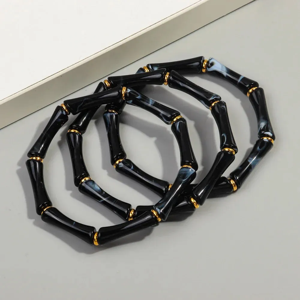 3pcs New Bohemian Gold Color Bamboo Acrylic Bracelets Set for Women Resin Thin Tube Bead Stretchy Bracelets Bangles 2024 Jewelry