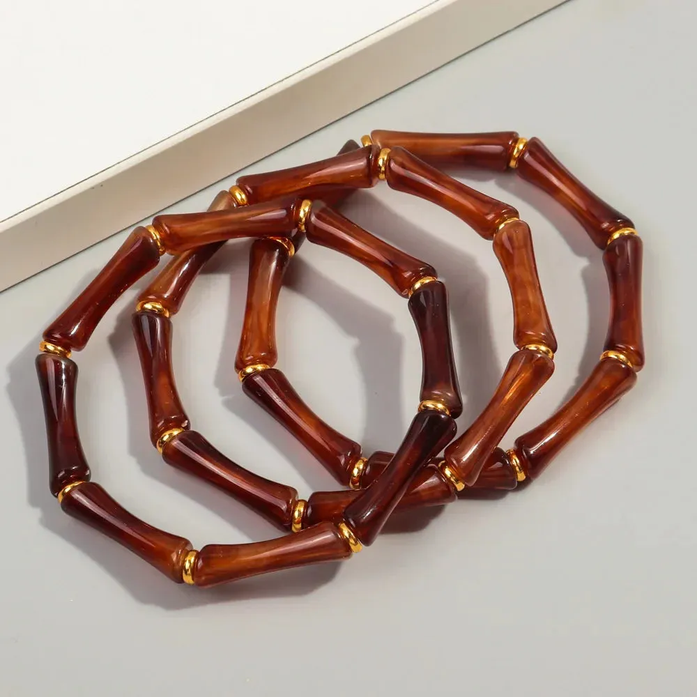 3pcs New Bohemian Gold Color Bamboo Acrylic Bracelets Set for Women Resin Thin Tube Bead Stretchy Bracelets Bangles 2024 Jewelry