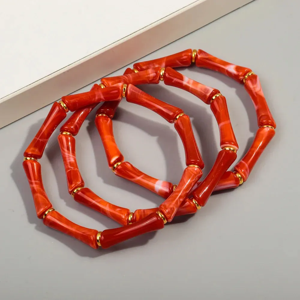 3pcs New Bohemian Gold Color Bamboo Acrylic Bracelets Set for Women Resin Thin Tube Bead Stretchy Bracelets Bangles 2024 Jewelry