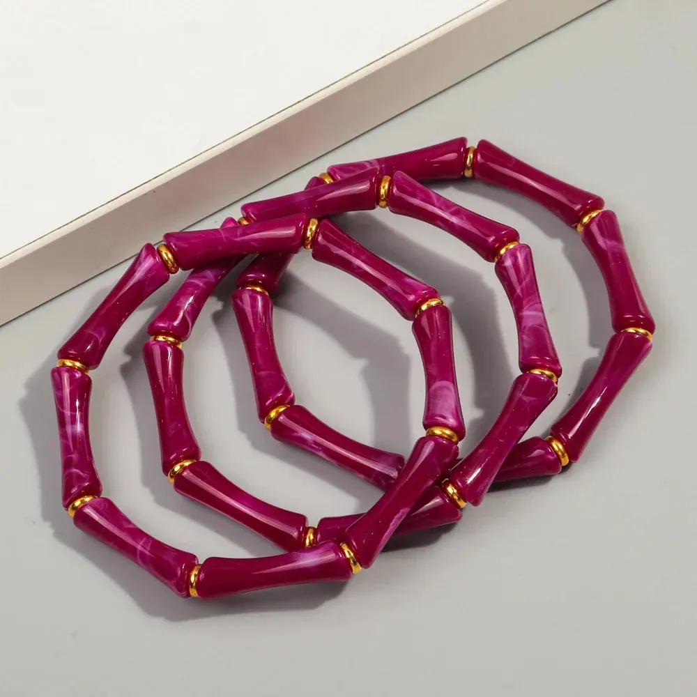 3pcs New Bohemian Gold Color Bamboo Acrylic Bracelets Set for Women Resin Thin Tube Bead Stretchy Bracelets Bangles 2024 Jewelry
