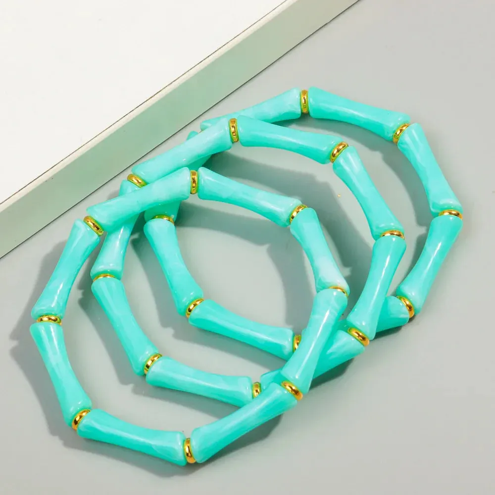 3pcs New Bohemian Gold Color Bamboo Acrylic Bracelets Set for Women Resin Thin Tube Bead Stretchy Bracelets Bangles 2024 Jewelry