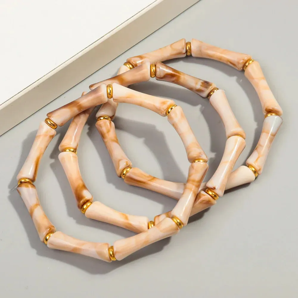 3pcs New Bohemian Gold Color Bamboo Acrylic Bracelets Set for Women Resin Thin Tube Bead Stretchy Bracelets Bangles 2024 Jewelry
