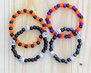 4 Black Halloween Skeleton Kandi Bracelets, Halloween Party Favors, Rave, Festival Wear