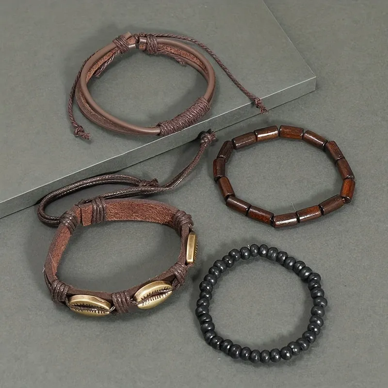 4pcs Retro Shell Bracelet Set Diy Braided Cowhide Bracelet For Men And Women