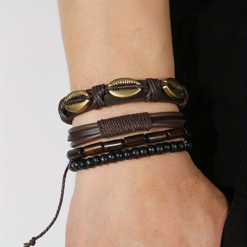 4pcs Retro Shell Bracelet Set Diy Braided Cowhide Bracelet For Men And Women