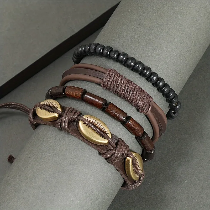 4pcs Retro Shell Bracelet Set Diy Braided Cowhide Bracelet For Men And Women