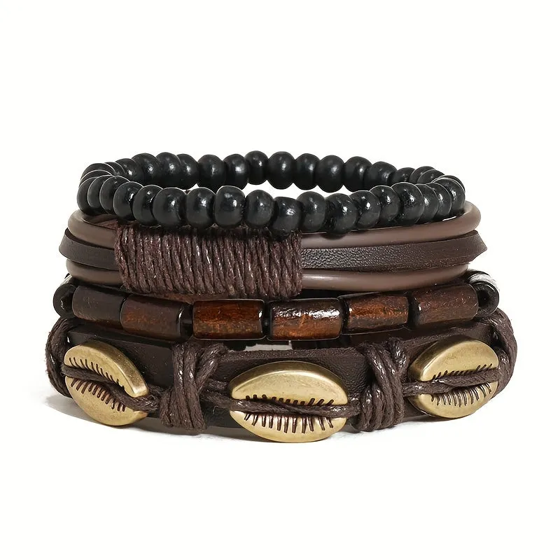 4pcs Retro Shell Bracelet Set Diy Braided Cowhide Bracelet For Men And Women