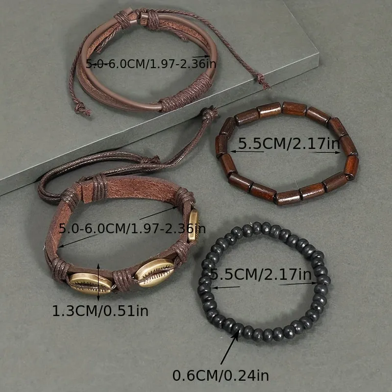 4pcs Retro Shell Bracelet Set Diy Braided Cowhide Bracelet For Men And Women