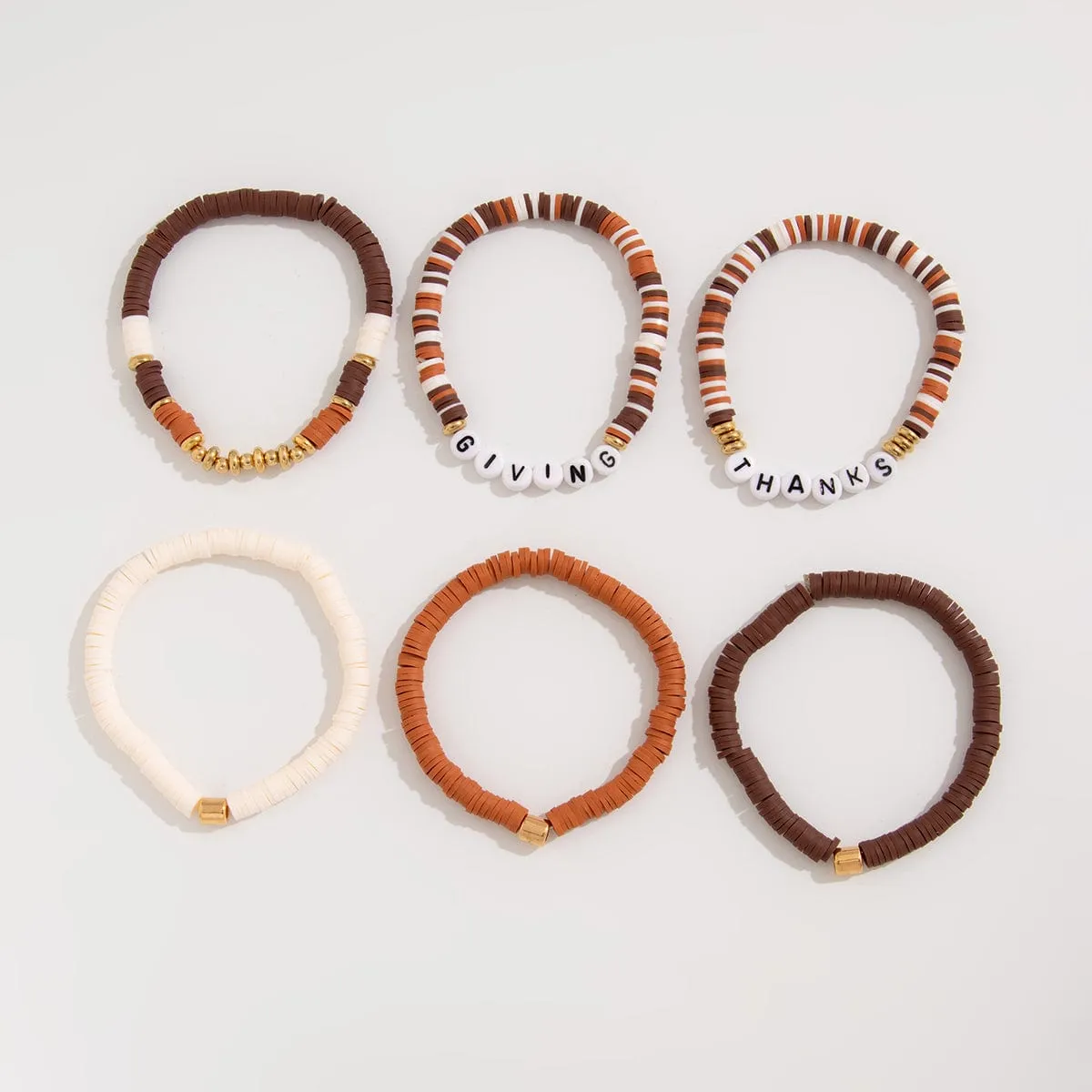 6 Pcs Thanksgiving Themed Polymer Clay Letter Beaded Stackable Bracelet Set