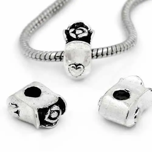 A Rose on Vase with Heart Charm European Bead Compatible for Most European Snake Chain Bracelet
