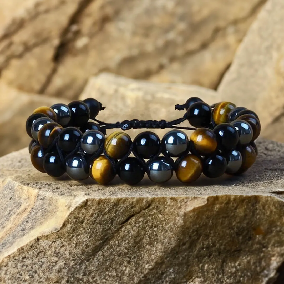 Adjustable Braided Bracelet "Triple Protections" in Hematite, Tiger Eye & Obsidian