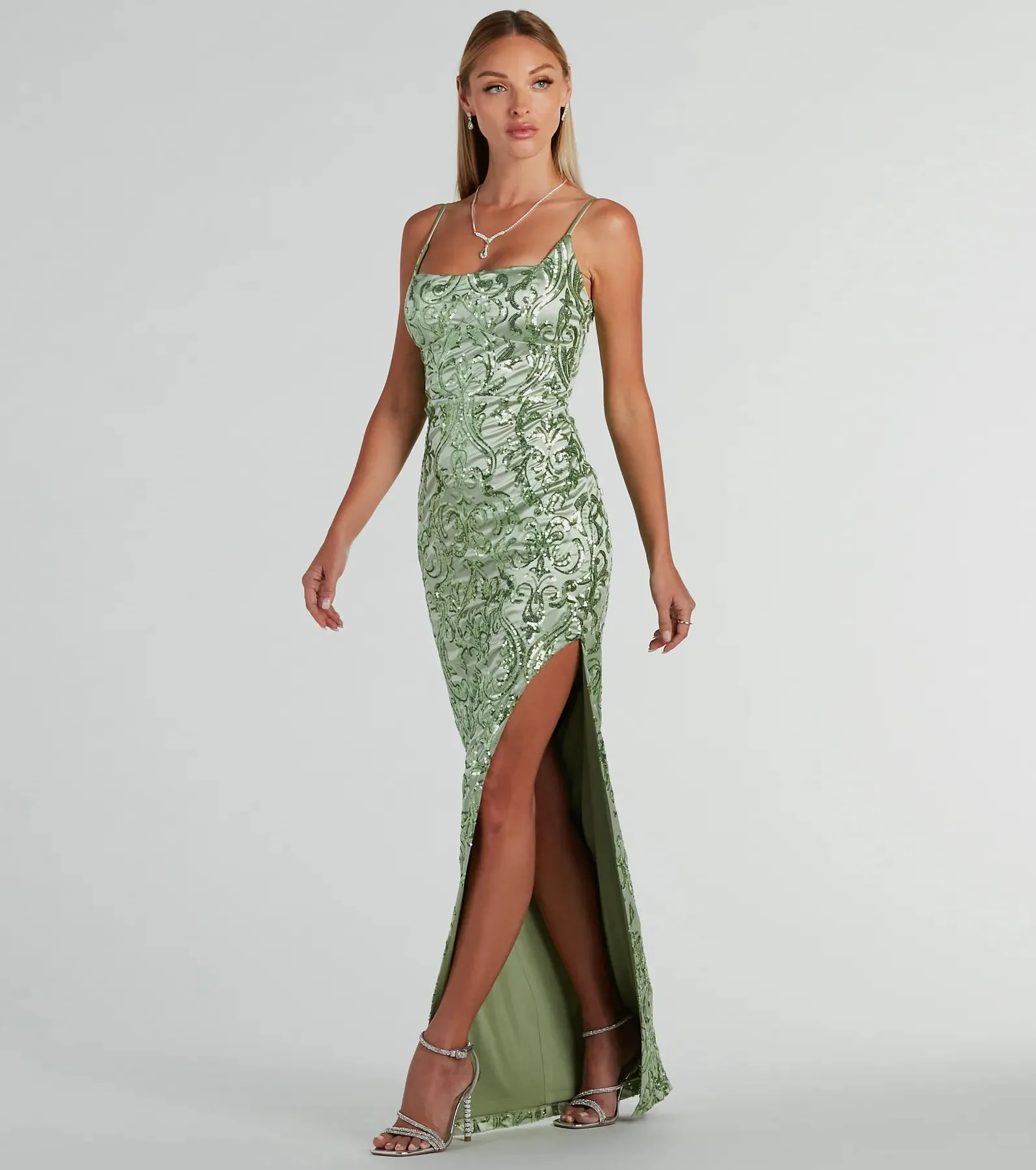 Alessia Square Neck Slim Sequin Satin Formal Dress