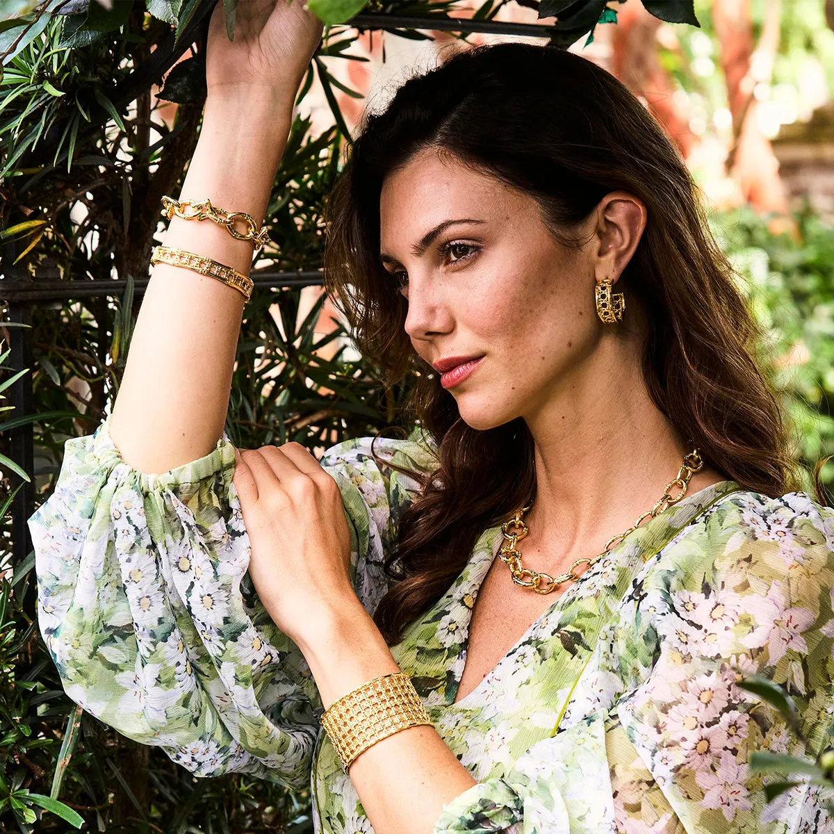 Bangkok Bamboo Link Bracelet, 7.25" - Gold/Green Enamel