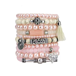 Beaded Bracelets Set of 10 Stretch Bracelets Bohemian Stack in Pinks and Silver Tones