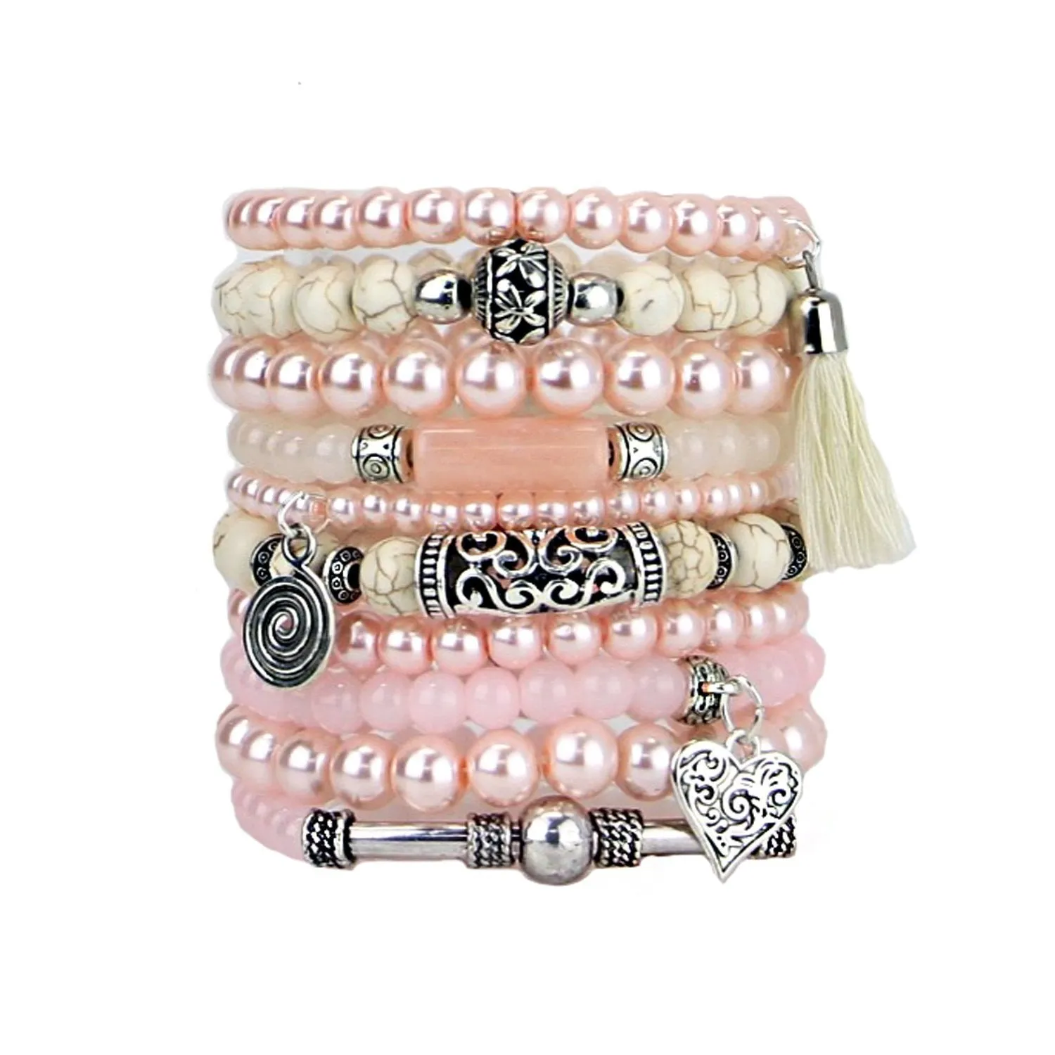 Beaded Bracelets Set of 10 Stretch Bracelets Bohemian Stack in Pinks and Silver Tones