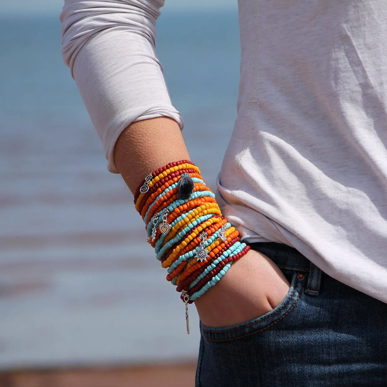 Beaded Bracelets Set of 30 Seed Bead Stretch Bracelets Bohemian Love and Peace Themed