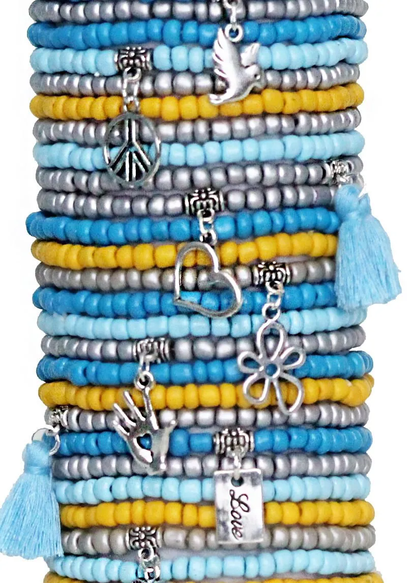 Beaded Bracelets Set of 30 Seed Bead Stretch Bracelets Bohemian Love and Peace Themed