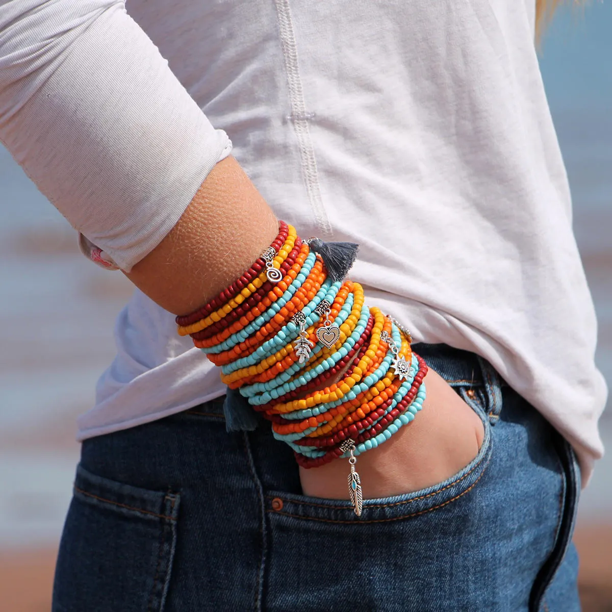 Beaded Bracelets Set of 30 Seed Bead Stretch Bracelets Bohemian Love and Peace Themed