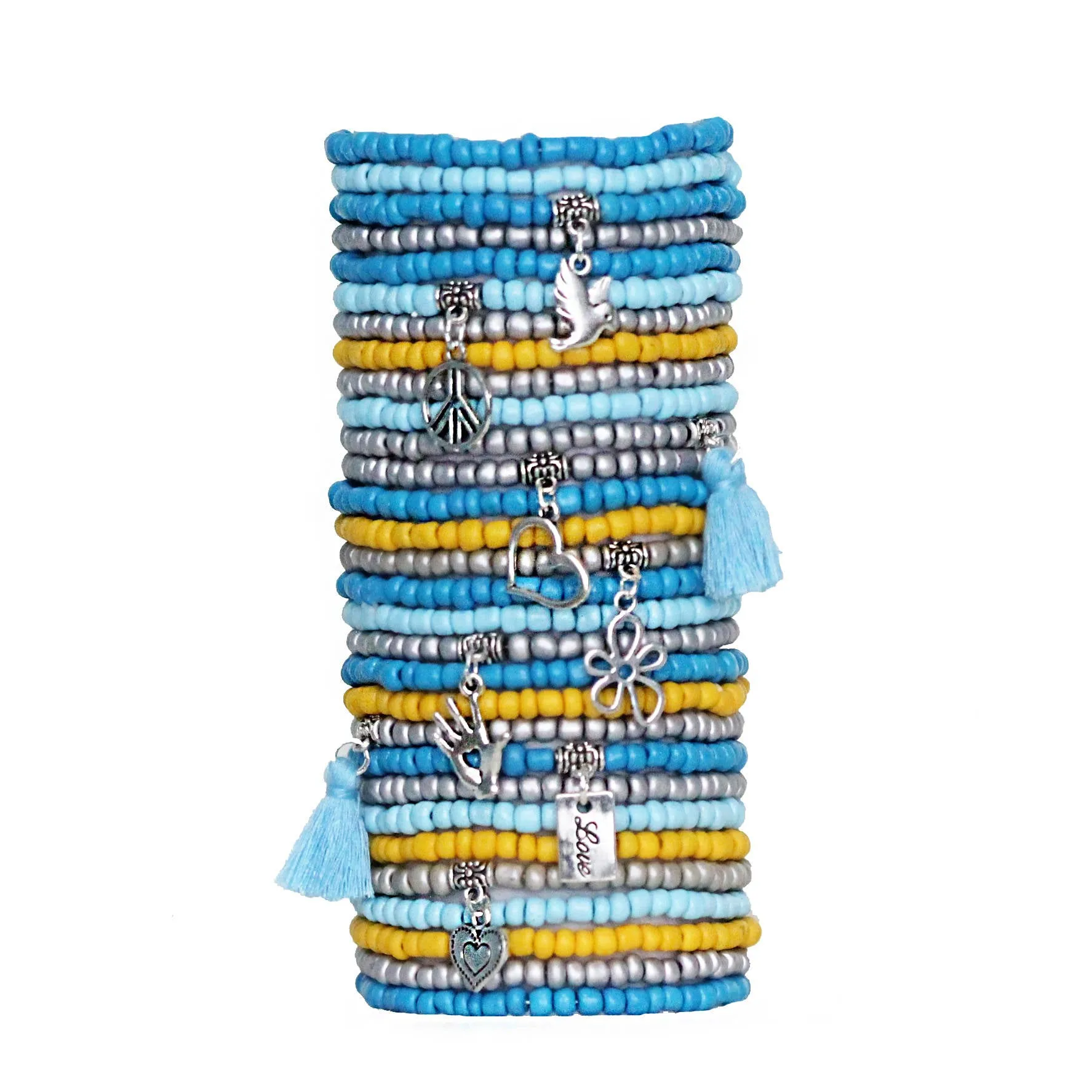 Beaded Bracelets Set of 30 Seed Bead Stretch Bracelets Bohemian Love and Peace Themed