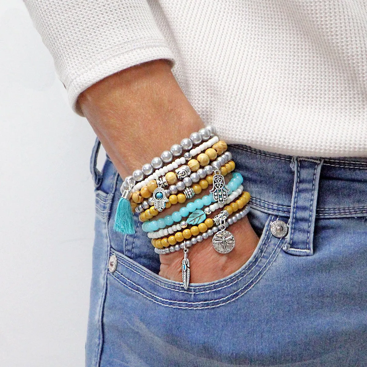 Beaded Bracelets Set of 9 Stretch Bracelets Bohemian Themed