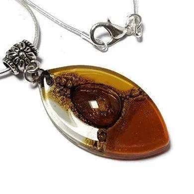 Beige, terracotta, Brown and White Fused Glass leaf Pendant. Recycled Glass Necklace