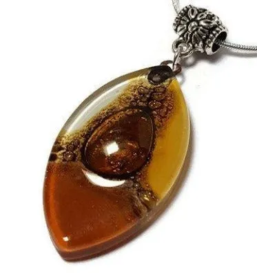 Beige, terracotta, Brown and White Fused Glass leaf Pendant. Recycled Glass Necklace