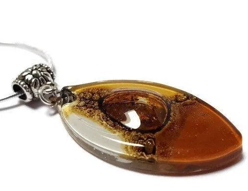 Beige, terracotta, Brown and White Fused Glass leaf Pendant. Recycled Glass Necklace
