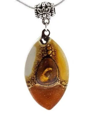Beige, terracotta, Brown and White Fused Glass leaf Pendant. Recycled Glass Necklace