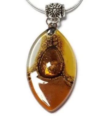 Beige, terracotta, Brown and White Fused Glass leaf Pendant. Recycled Glass Necklace